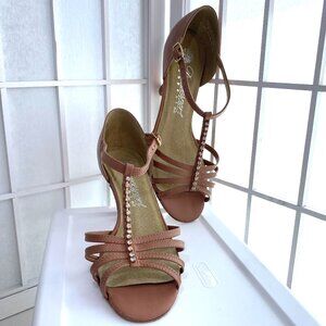 Dancesport Woman Shoes Sz. 7 1/2 or 8 Tan Real w/Leather Rhinestones 2 1/2" Heel